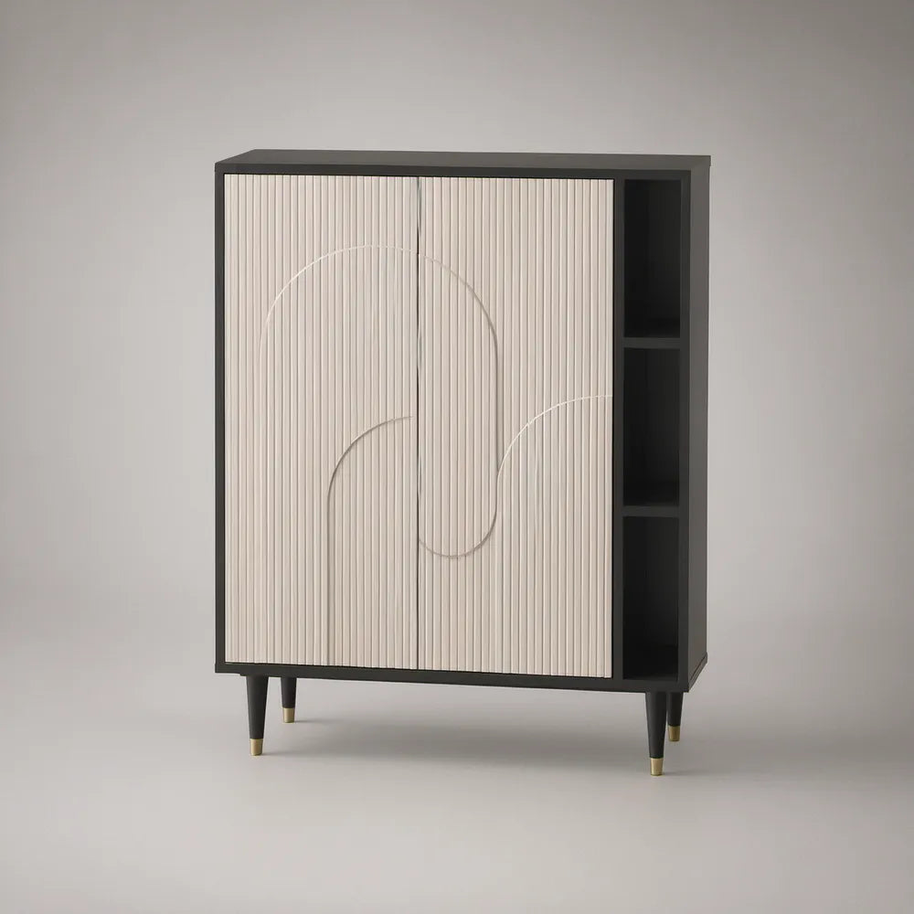 Modern Black and Cream Storage Cabinet with 2 Doors and 3 Open Shelves, 35.4 x 15.7 x 47.2 in