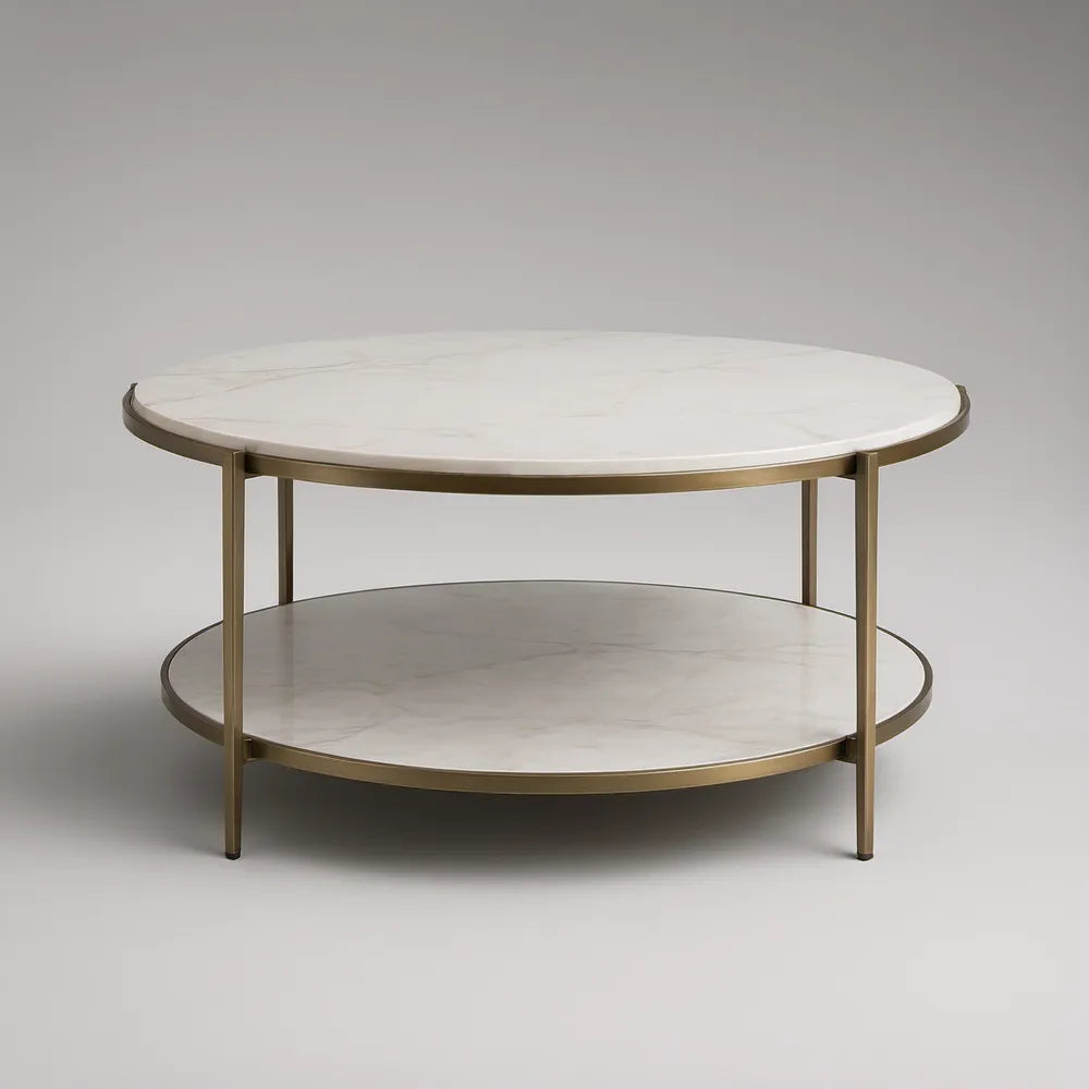 36 in Round White Faux Marble 2-Tier Coffee Table with Gold Steel Frame, 18 in H