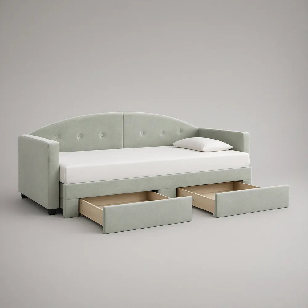 Twin Upholstered Storage Daybed Frame with 2 Drawers, Curved Tufted Back, Light Green, 82 x 42 x 34 in