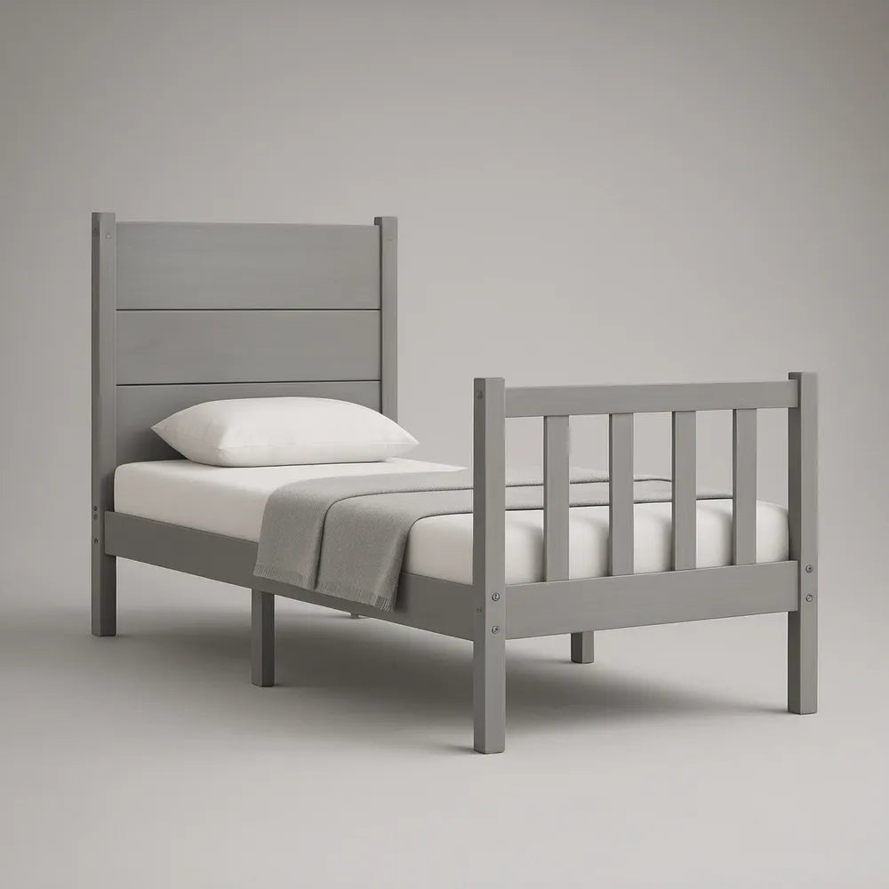Gray Solid Pine Wood Twin Bed Frame, 39 x 75 in, with Headboard and Slat Footboard