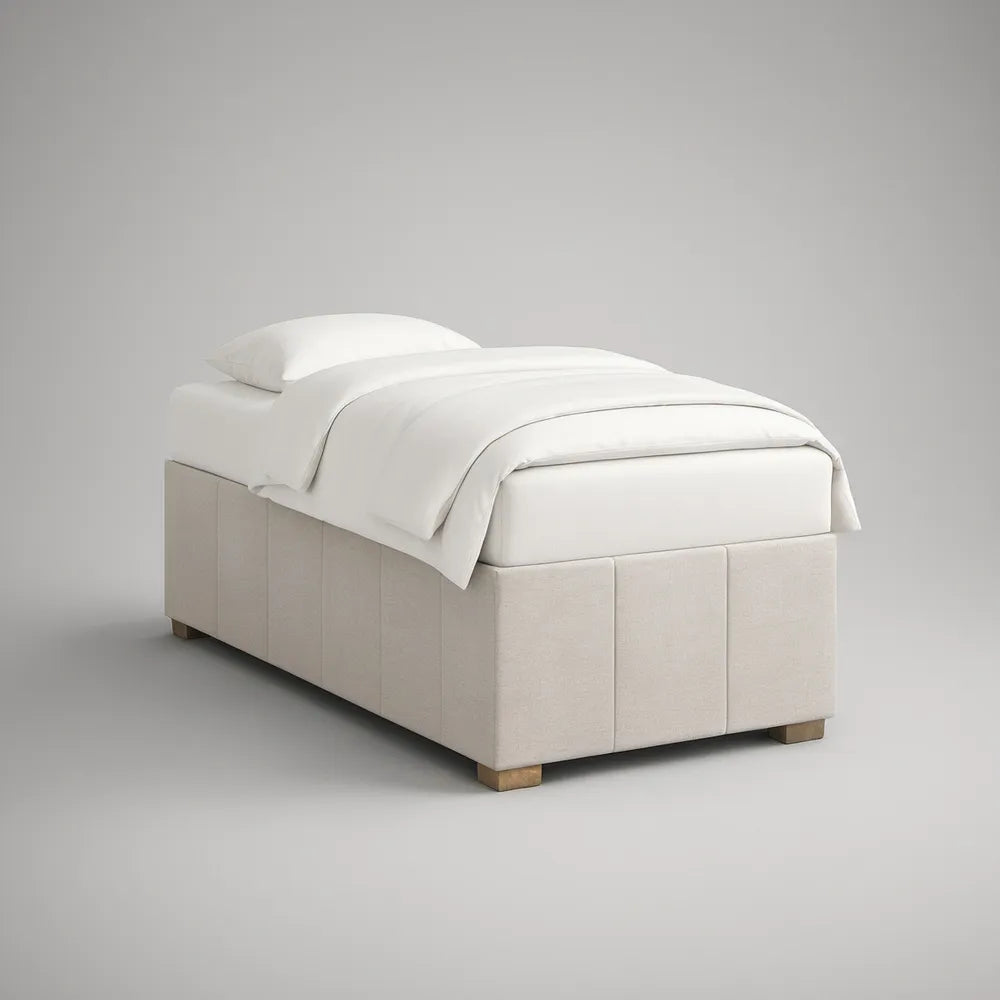 Twin Upholstered Platform Bed Frame, 79 x 42 x 16 in, Fits 39 x 75 in Mattress, Ivory/Brown