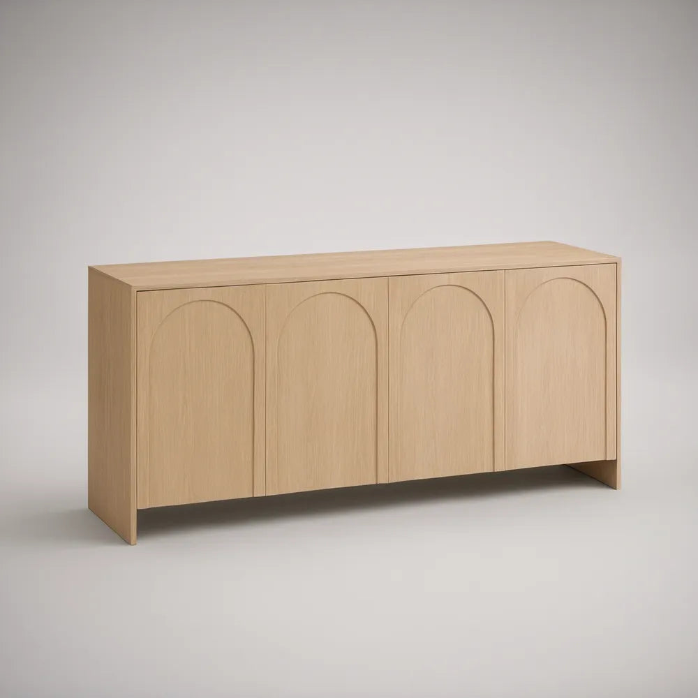 Light Oak 4-Door Arched Front Sideboard, 63 x 16 x 32 in