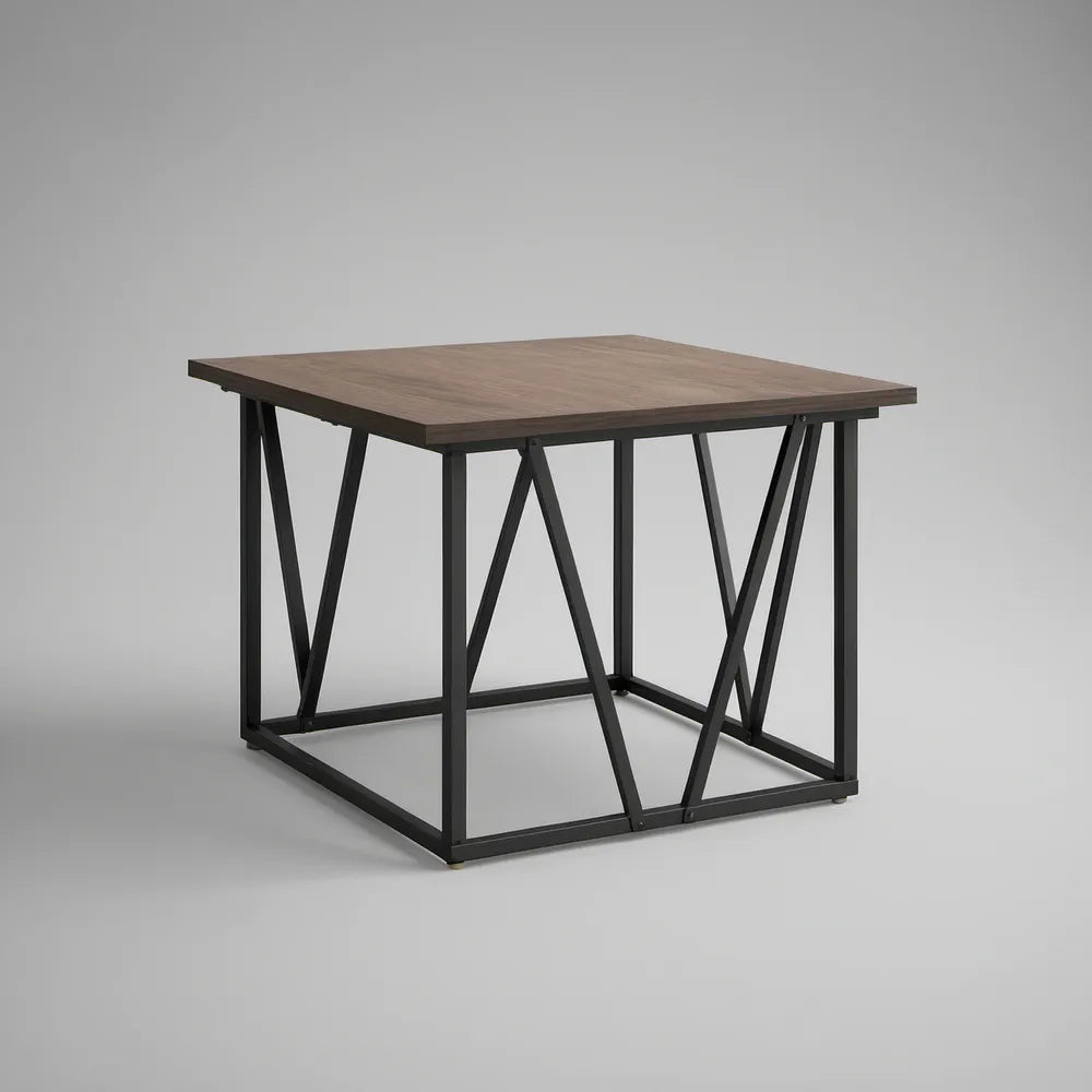 Walnut Brown Square Table with Black Steel X-Brace Frame, 31.5 x 31.5 x 18 in