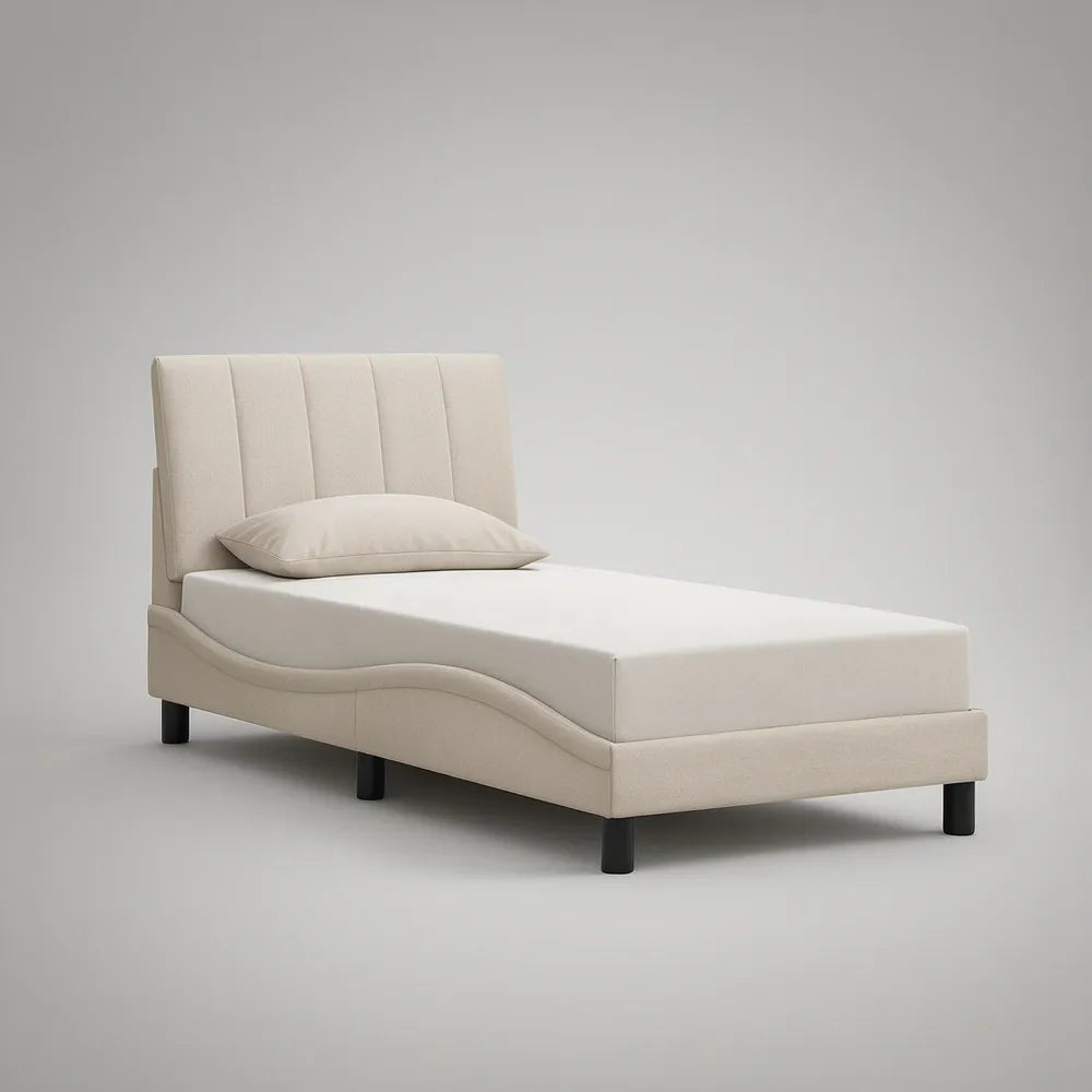 Twin Upholstered Bed Frame with Curved Side Rails, Cream/Black, 80 x 42 x 45 in