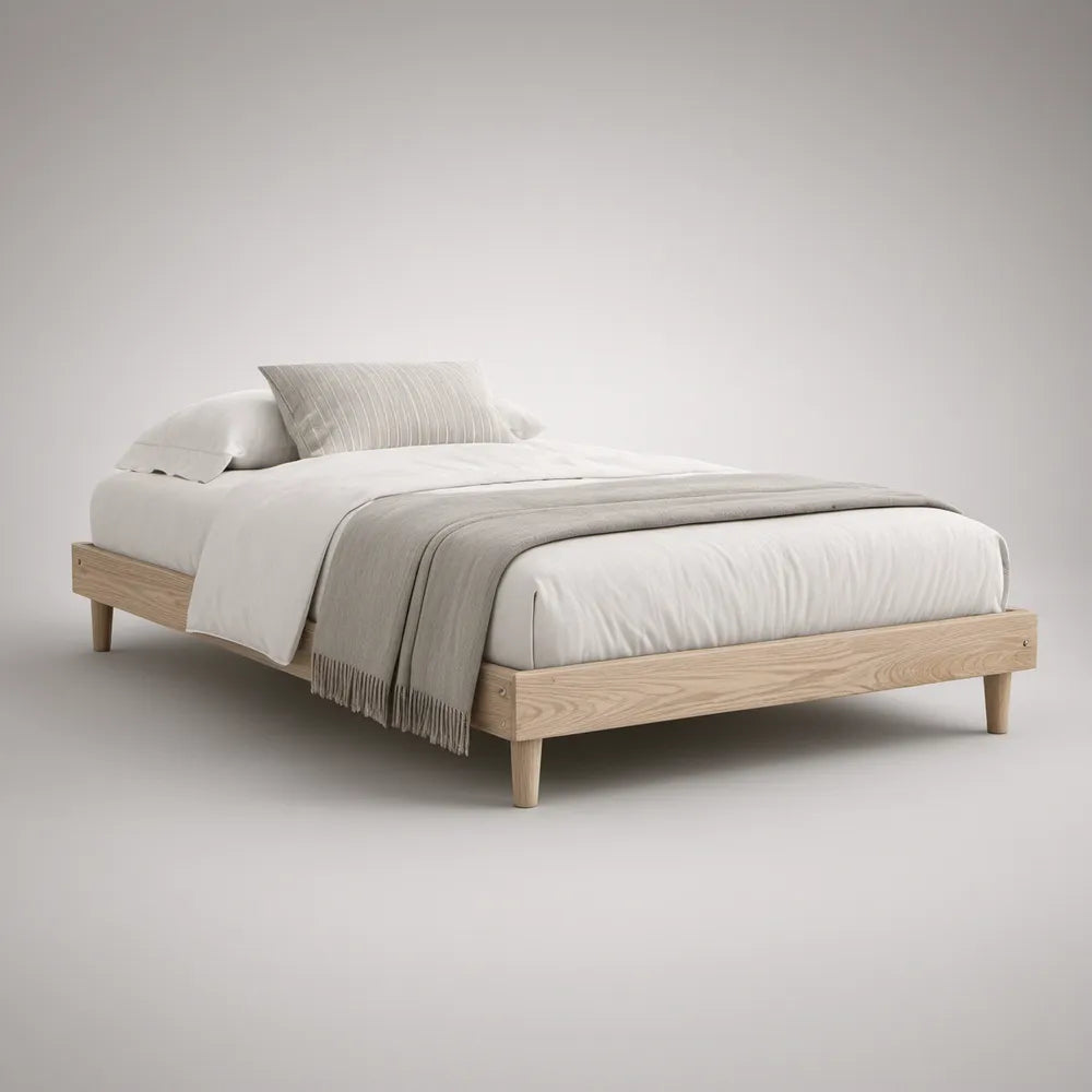 Queen Platform Bed Frame, Light Oak Solid Rubberwood, 85 x 64.5 x 14 in