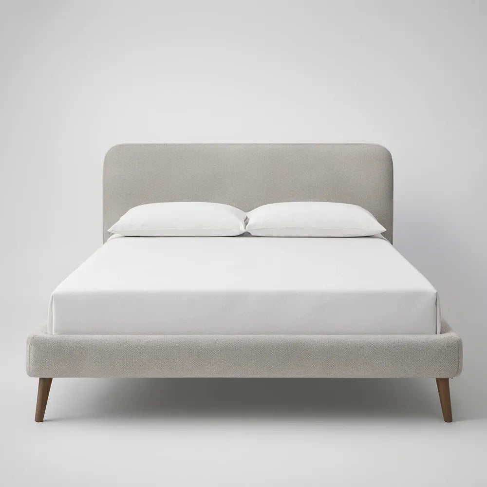 Queen Light Gray Upholstered Platform Bed Frame with Brown Rubberwood Legs, 62.5 x 85 x 43 in