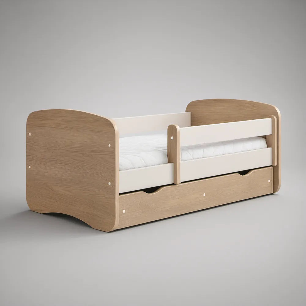 Toddler Bed with Guardrails and Storage Drawer, 55.1 x 27.6 in, White/Natural Oak