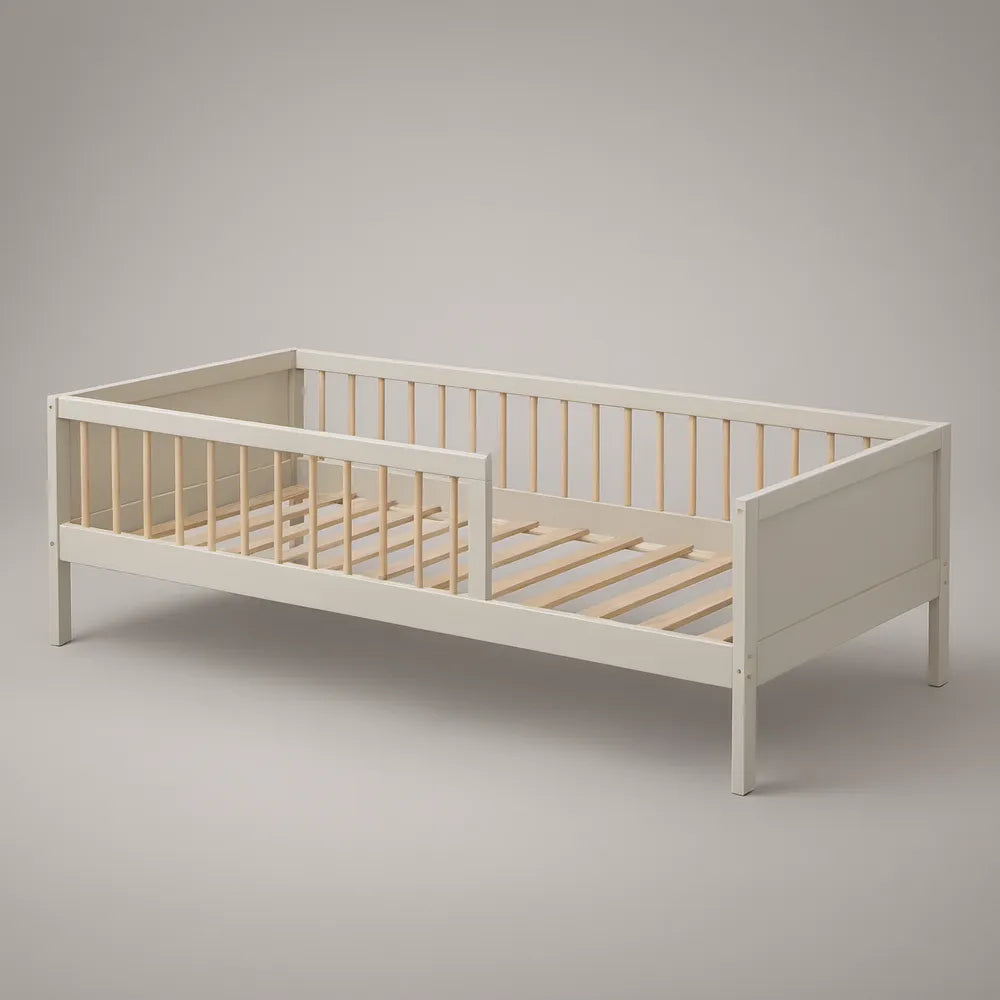 White Solid Pine Toddler Bed with Safety Rails and Slatted Base, 55.12 x 27.56 x 23.62 in