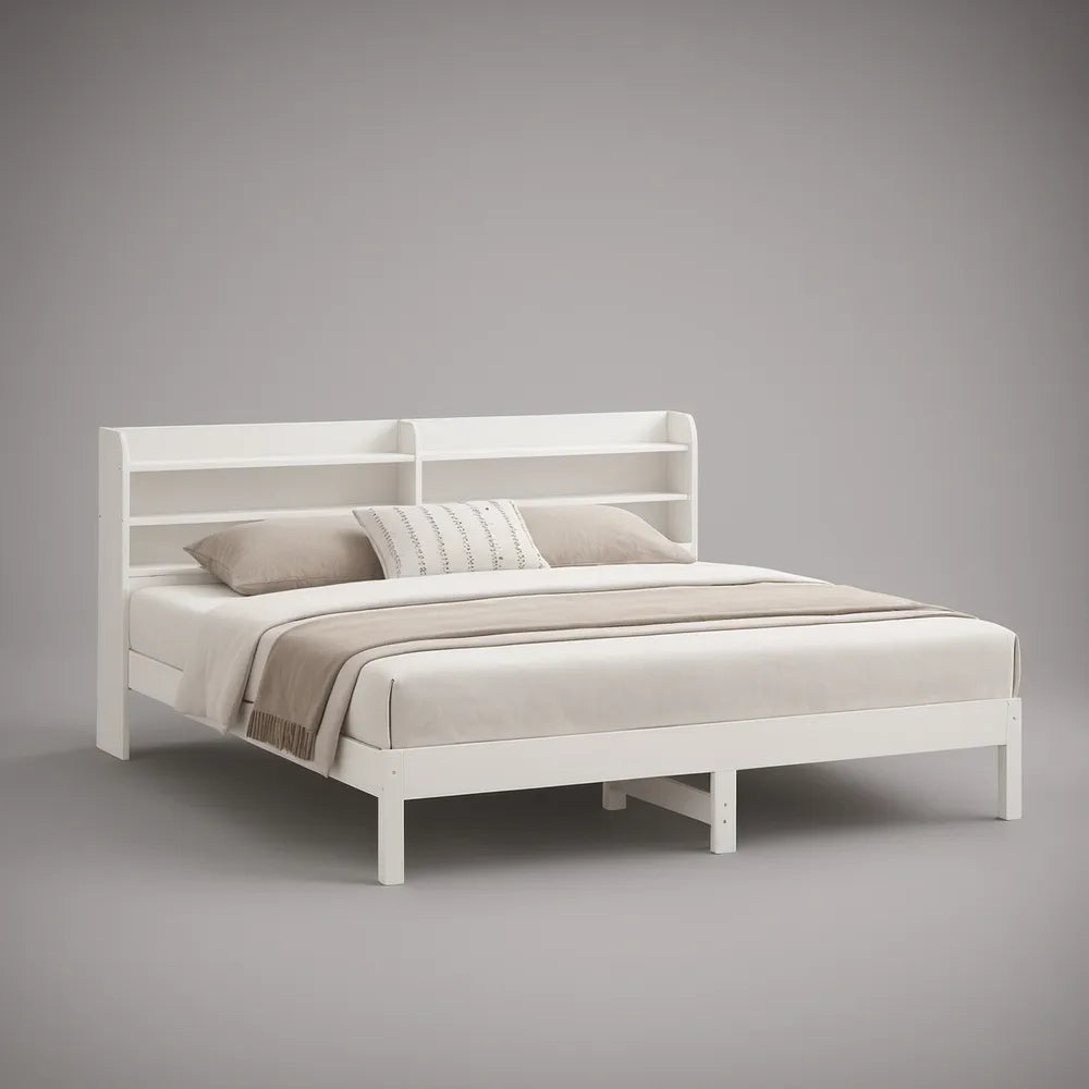 White Queen Solid Pine Wood Platform Bed Frame with Storage Headboard, 84 x 64 x 44 in