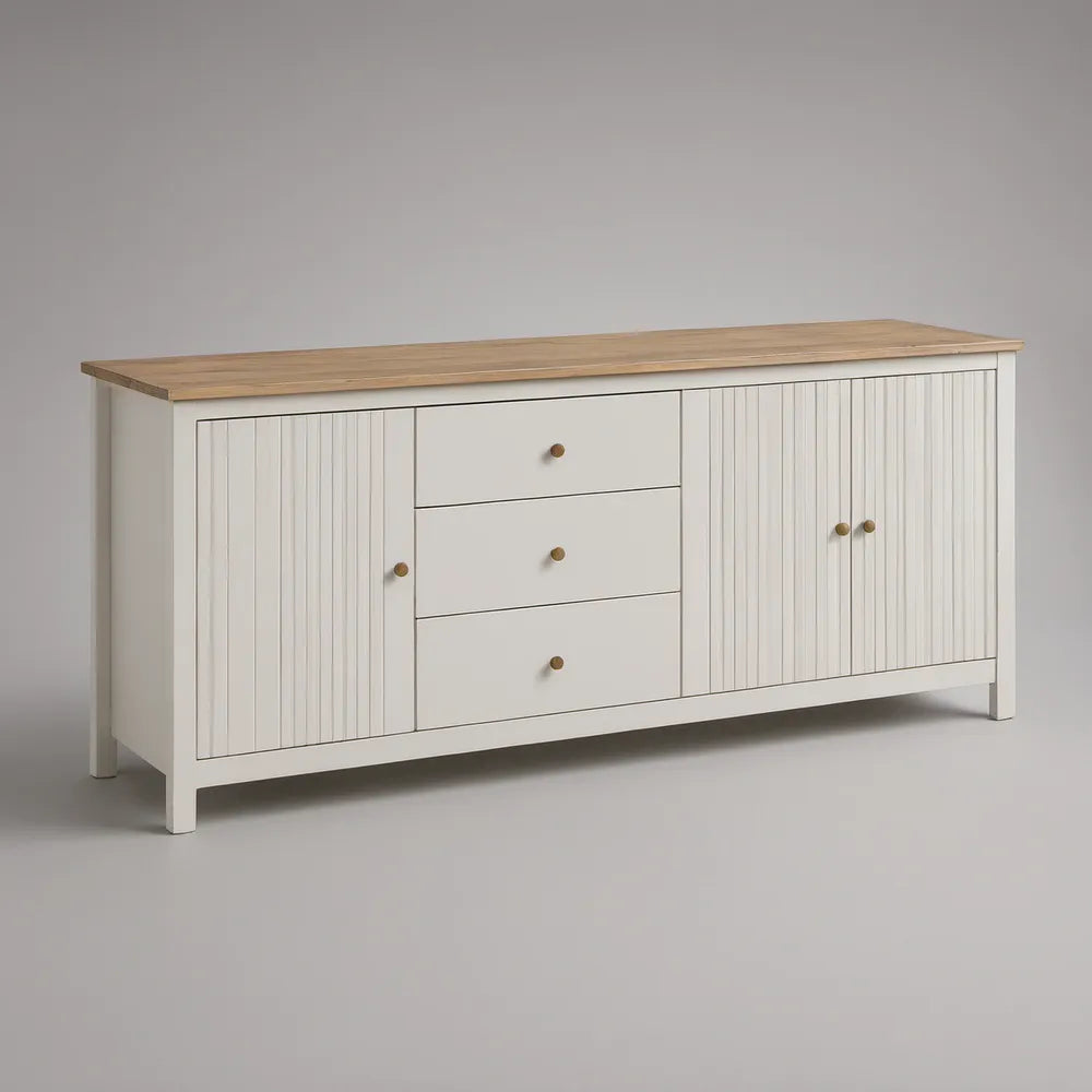 White and Natural Sideboard with 3 Drawers, 2 Grooved Doors, 63 x 15.7 x 33.5 in