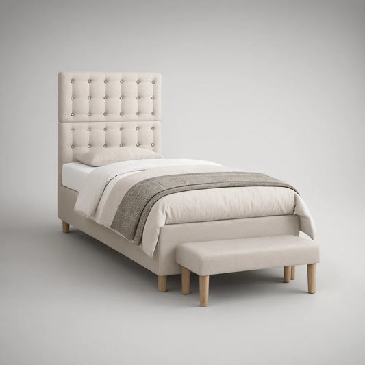 Beige Twin-Size Tufted Upholstered Platform Bed with Bench, 43 x 80 x 54 in