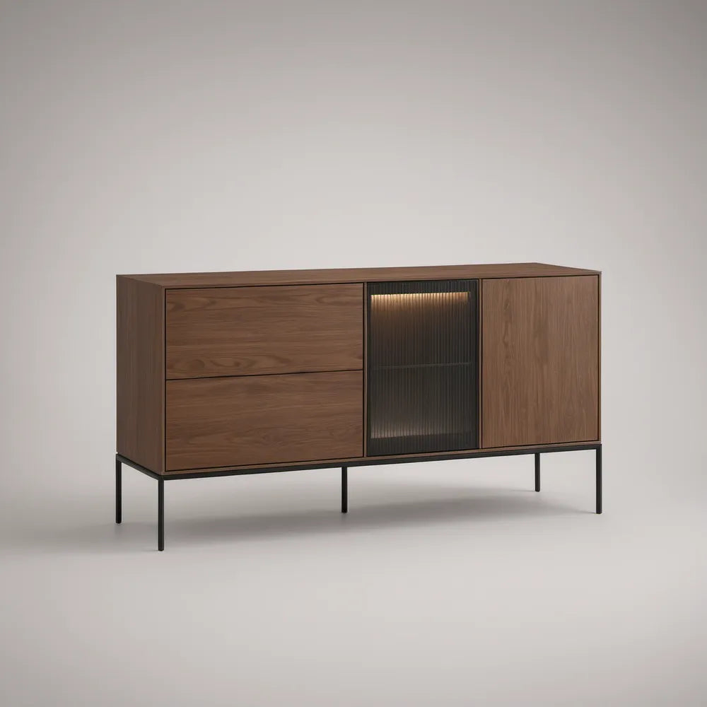 Modern Walnut Brown and Black Storage Sideboard Cabinet, 63 x 16 x 34 in, Fluted Tempered Glass and Steel Legs