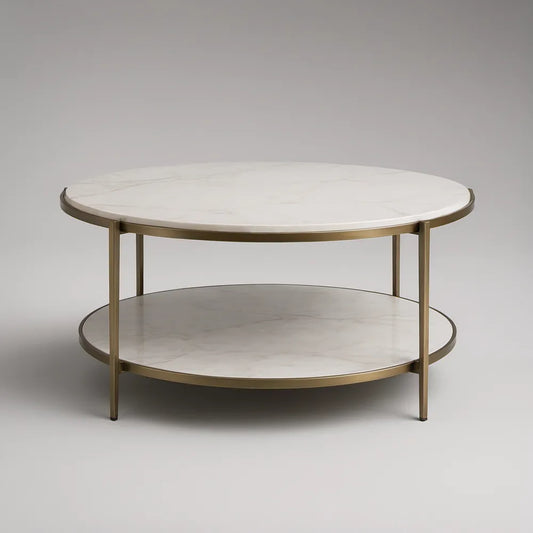 36 in Round White Faux Marble 2-Tier Coffee Table with Gold Steel Frame, 18 in H