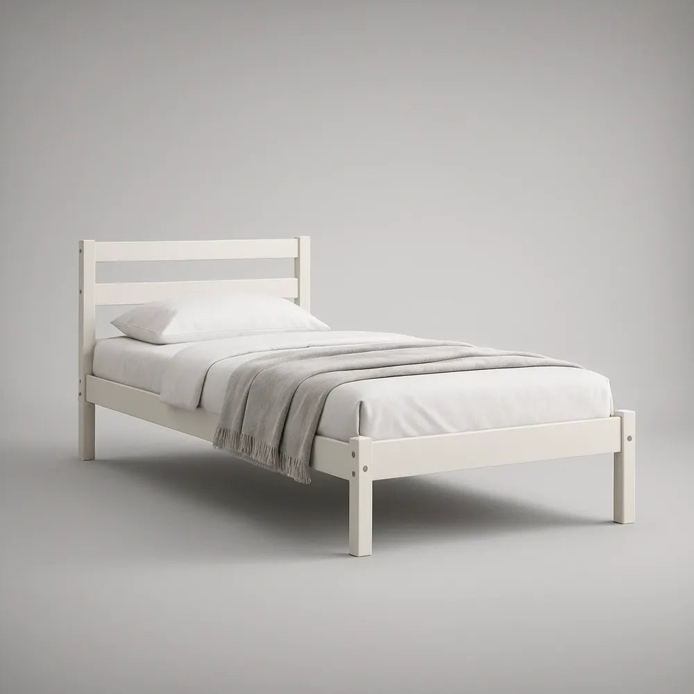White Solid Pine Wood Twin Platform Bed Frame with Headboard, 78 x 41 x 36 in