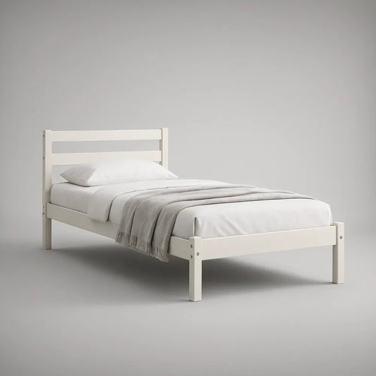 White Solid Pine Wood Twin Platform Bed Frame with Headboard, 78 x 41 x 36 in