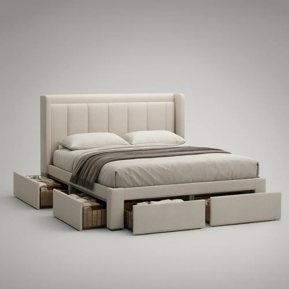 Queen Cream Upholstered Platform Bed Frame with 4 Drawers, 64 x 85 x 50 in