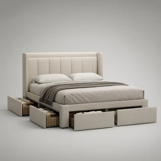 Queen Cream Upholstered Platform Bed Frame with 4 Drawers, 64 x 85 x 50 in