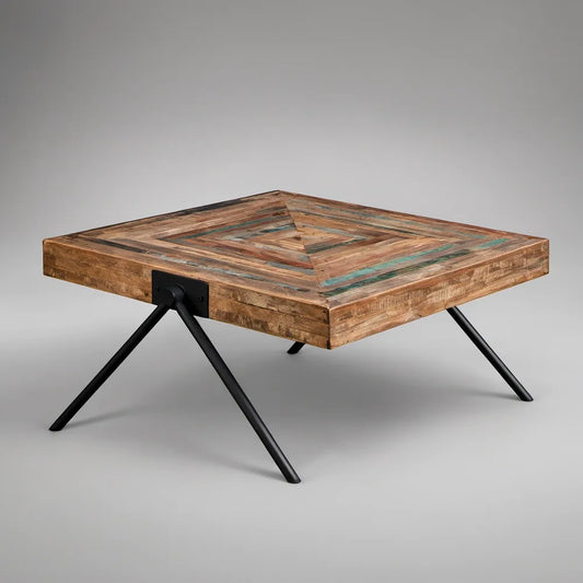 Square Reclaimed Wood Coffee Table with Black Steel Legs, Natural Brown and Weathered Turquoise, 100 x 100 x 45 cm