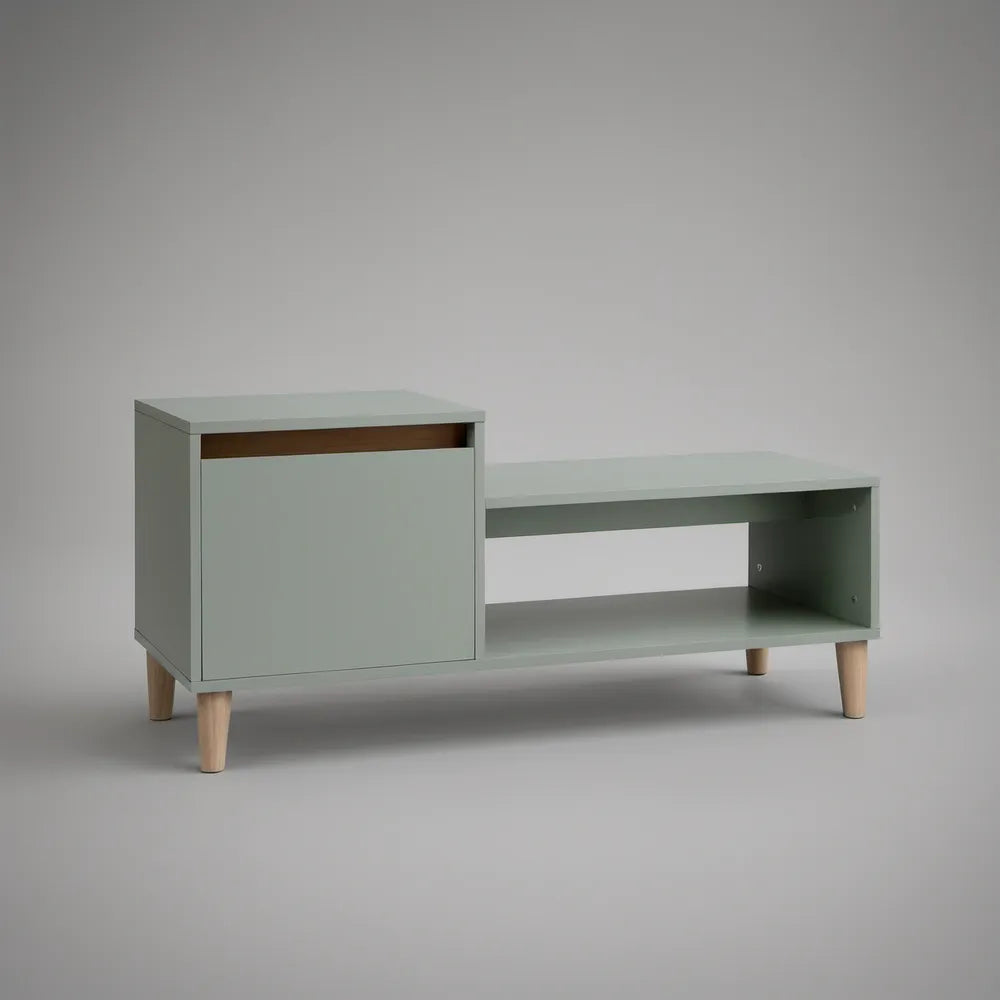 Sage Green and Natural Coffee Table with Cabinet and Open Shelf, 47.2 x 15.7 x 19.7 in