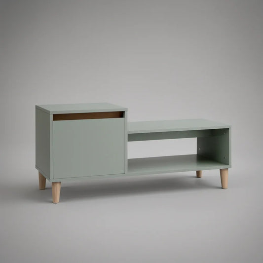 Sage Green and Natural Coffee Table with Cabinet and Open Shelf, 47.2 x 15.7 x 19.7 in