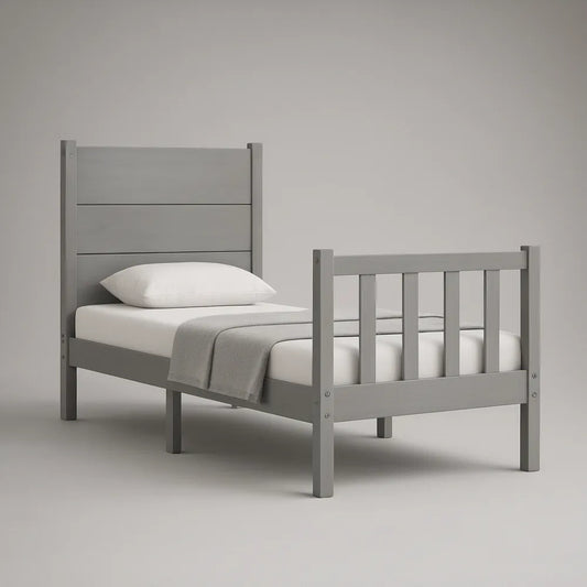 Gray Solid Pine Wood Twin Bed Frame, 39 x 75 in, with Headboard and Slat Footboard