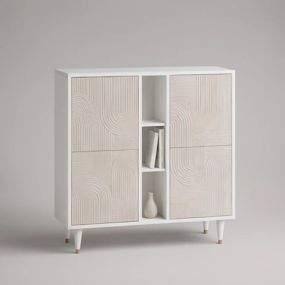 White MDF Storage Cabinet with 4 Textured Doors, Open Shelves and Gold-Tipped Legs, 47.2 x 15.7 x 47.2 in