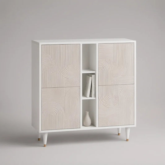 White MDF Storage Cabinet with 4 Textured Doors, Open Shelves and Gold-Tipped Legs, 47.2 x 15.7 x 47.2 in