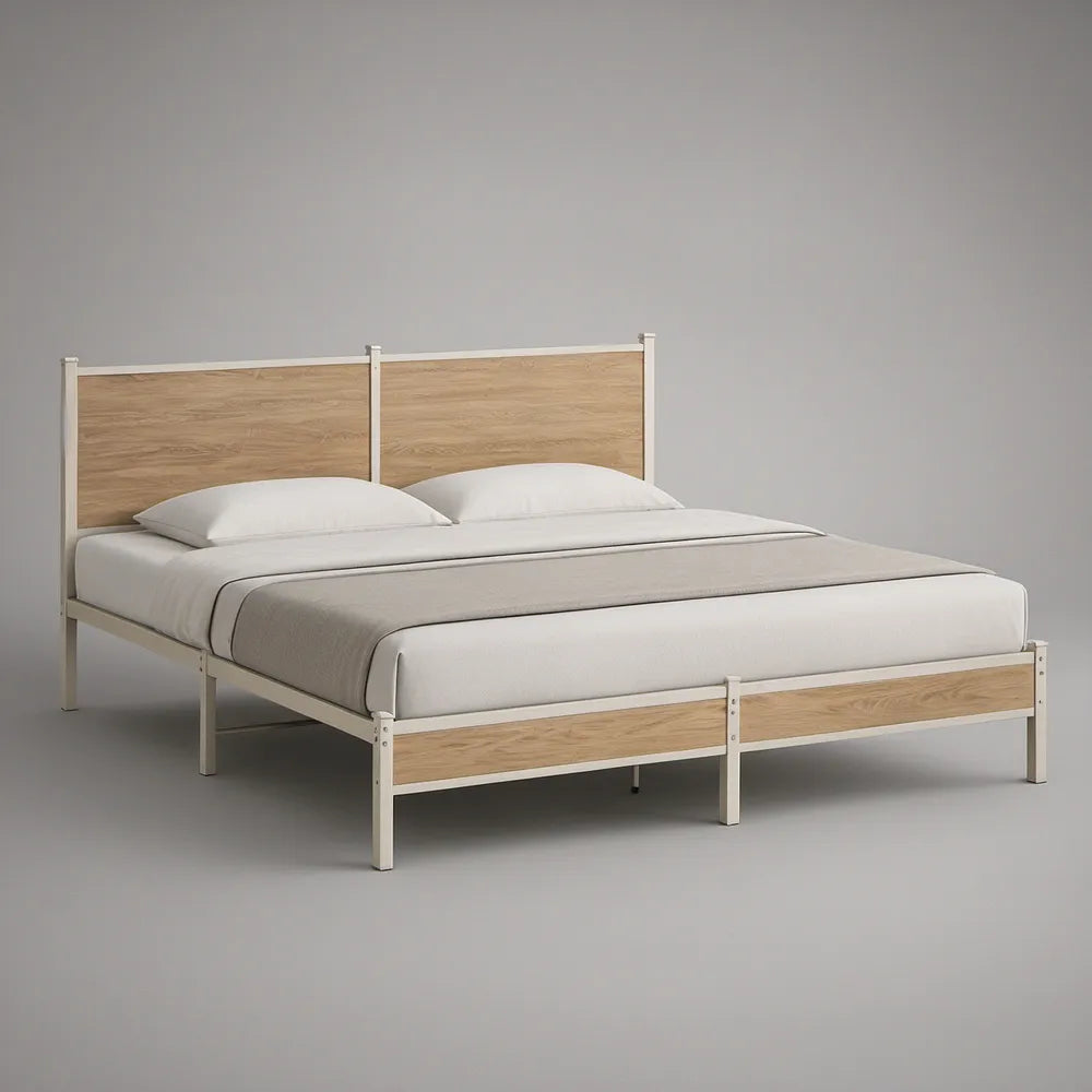 Queen Platform Bed Frame, 64 x 84 in, Light Oak and White