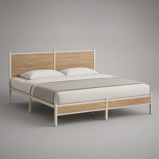Queen Platform Bed Frame, 64 x 84 in, Light Oak and White