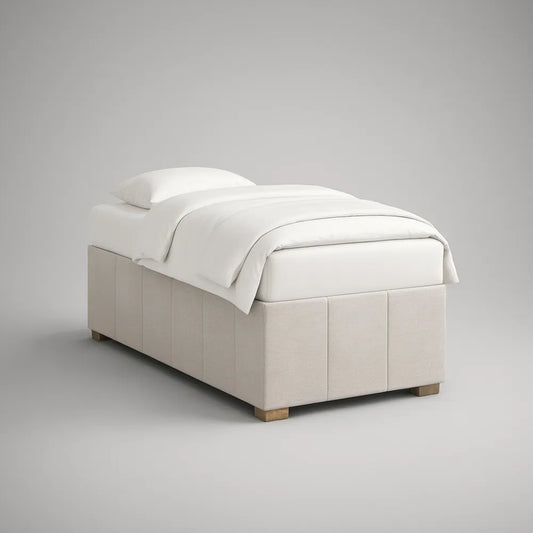 Twin Upholstered Platform Bed Frame, 79 x 42 x 16 in, Fits 39 x 75 in Mattress, Ivory/Brown