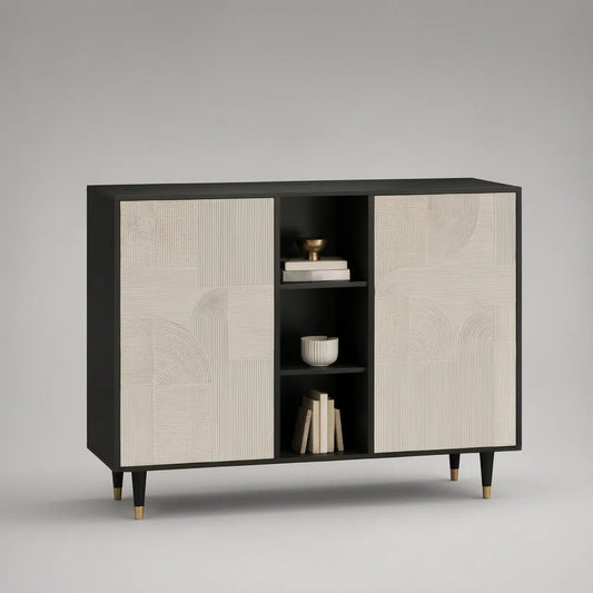 47.2 x 15.7 x 31.5 in Black and Ivory MDF Storage Cabinet with 2 Textured Doors and 3 Open Shelves