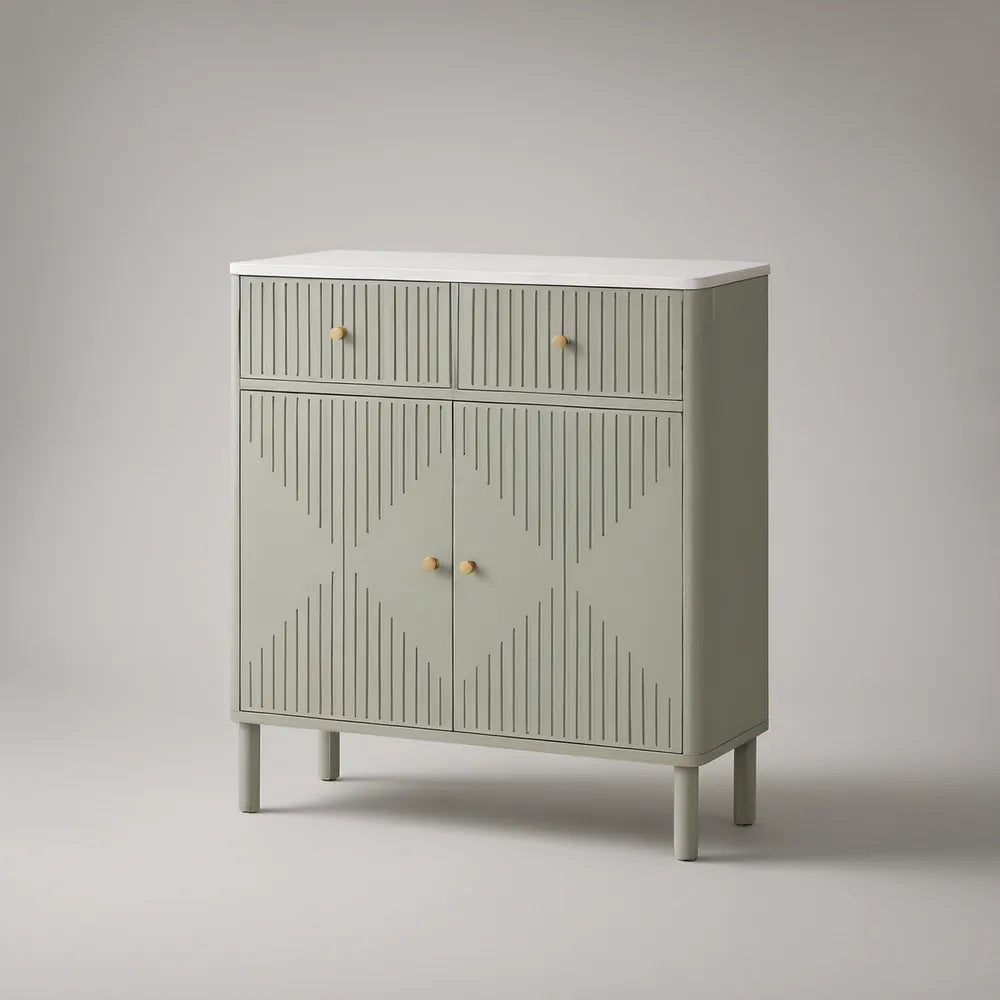 Sage Green Storage Cabinet with White Top, 2 Drawers and 2 Doors, 32 in W x 16 in D x 36 in H