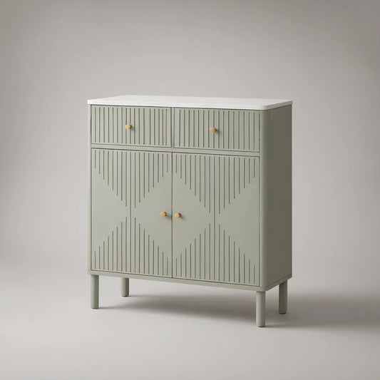 Sage Green Storage Cabinet with White Top, 2 Drawers and 2 Doors, 32 in W x 16 in D x 36 in H