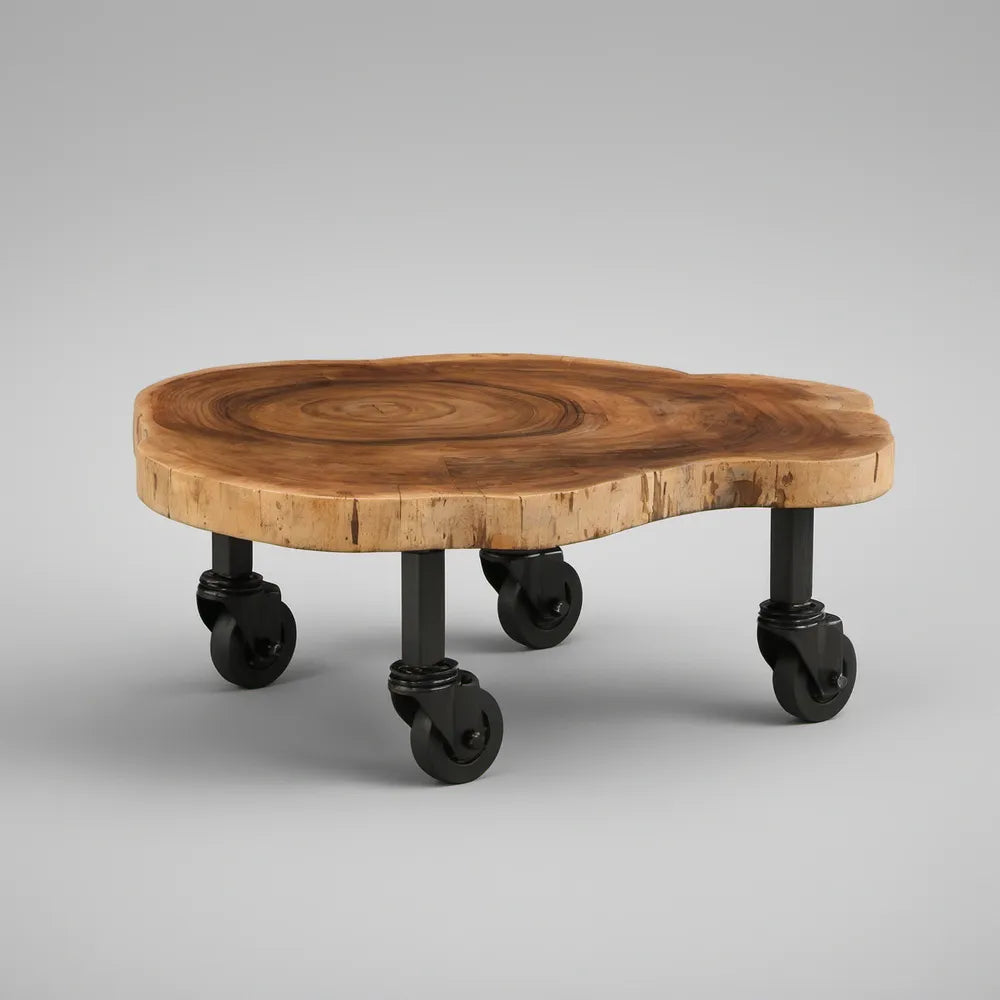 Live Edge Solid Acacia Wood Coffee Table with Swivel Casters, Natural Brown/Black, 35.4 x 31.5 x 15.7 in