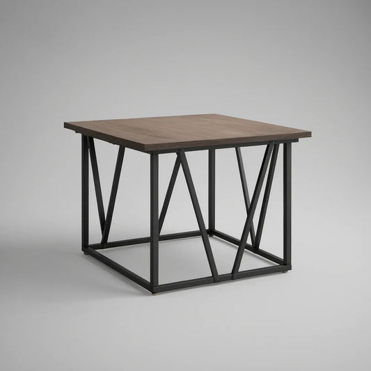 Walnut Brown Square Table with Black Steel X-Brace Frame, 31.5 x 31.5 x 18 in