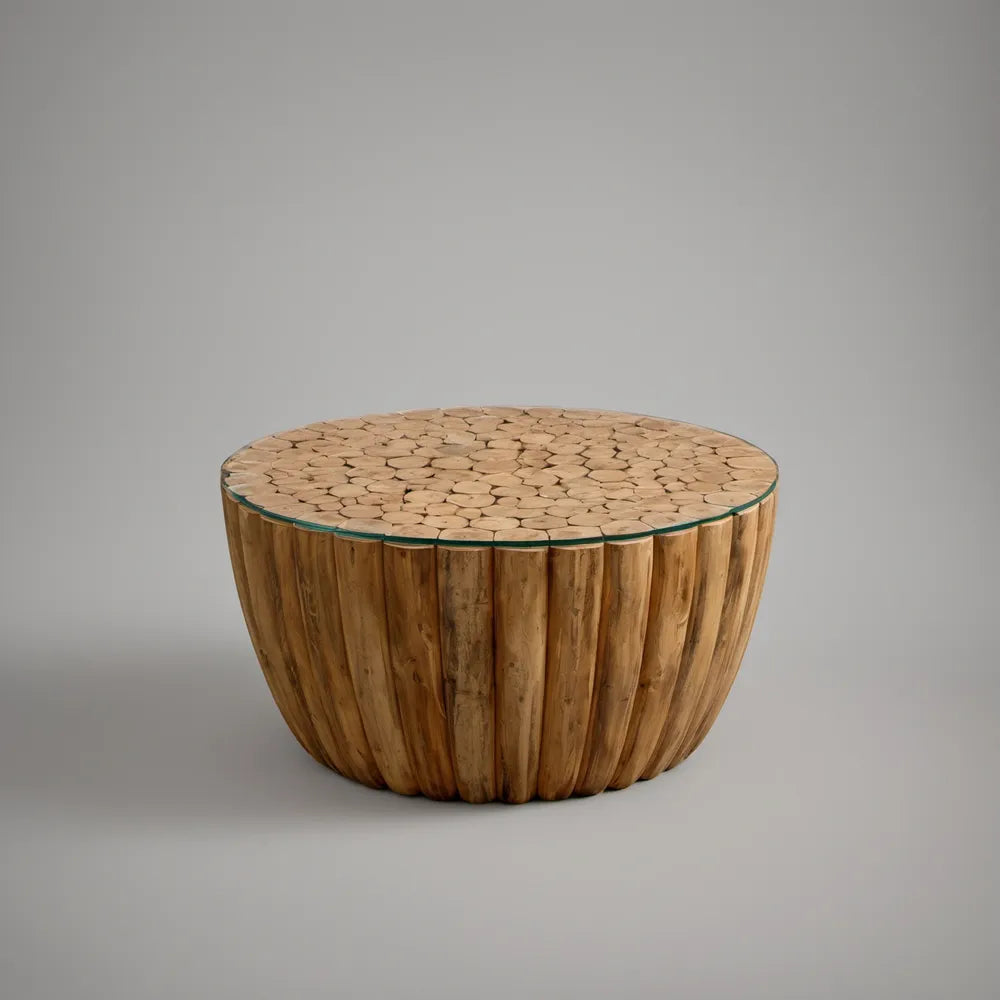 Round Coffee Table, 31.5 in Diameter x 17.7 in High, Solid Teak Wood with Clear Tempered Glass Top, Natural Brown/Clear