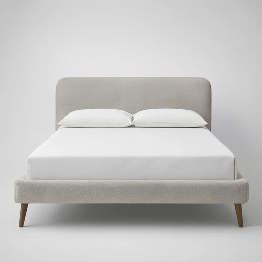 Queen Light Gray Upholstered Platform Bed Frame with Brown Rubberwood Legs, 62.5 x 85 x 43 in