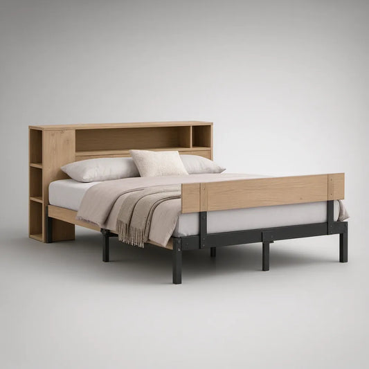 Queen 60 x 80 in Platform Bed Frame with Storage Headboard, Natural Oak and Black