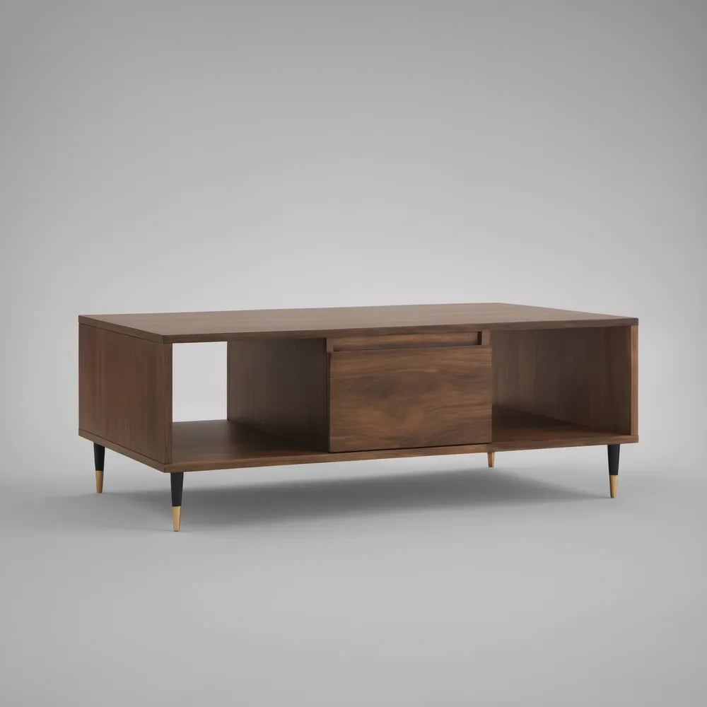 Mid-Century Modern Walnut Brown Rectangular Coffee Table with Drawer and Open Shelves, 47.2 x 23.6 x 17.7 in
