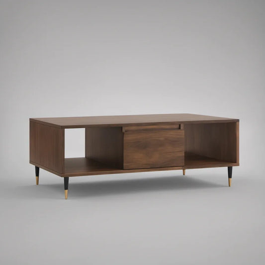 Mid-Century Modern Walnut Brown Rectangular Coffee Table with Drawer and Open Shelves, 47.2 x 23.6 x 17.7 in