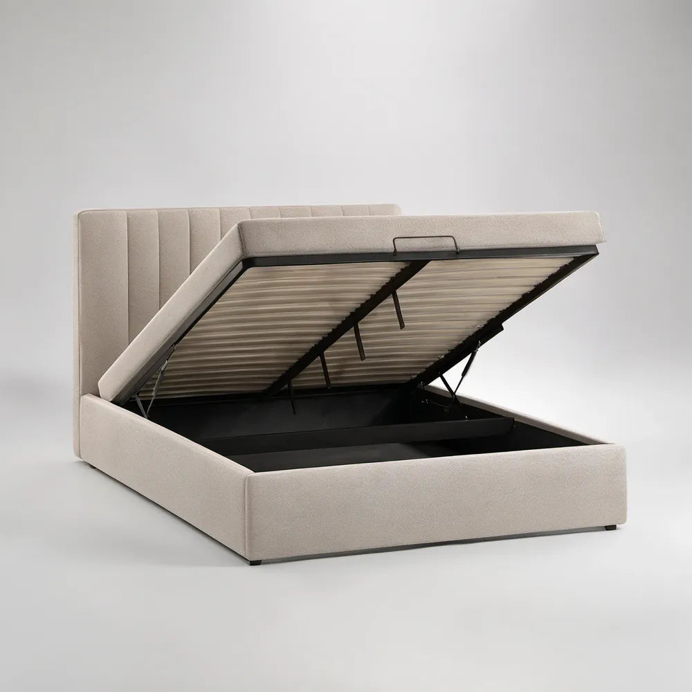 Queen Beige and Black Upholstered Lift-Up Storage Bed Frame with Wingback Headboard, 85 x 65 x 48 in