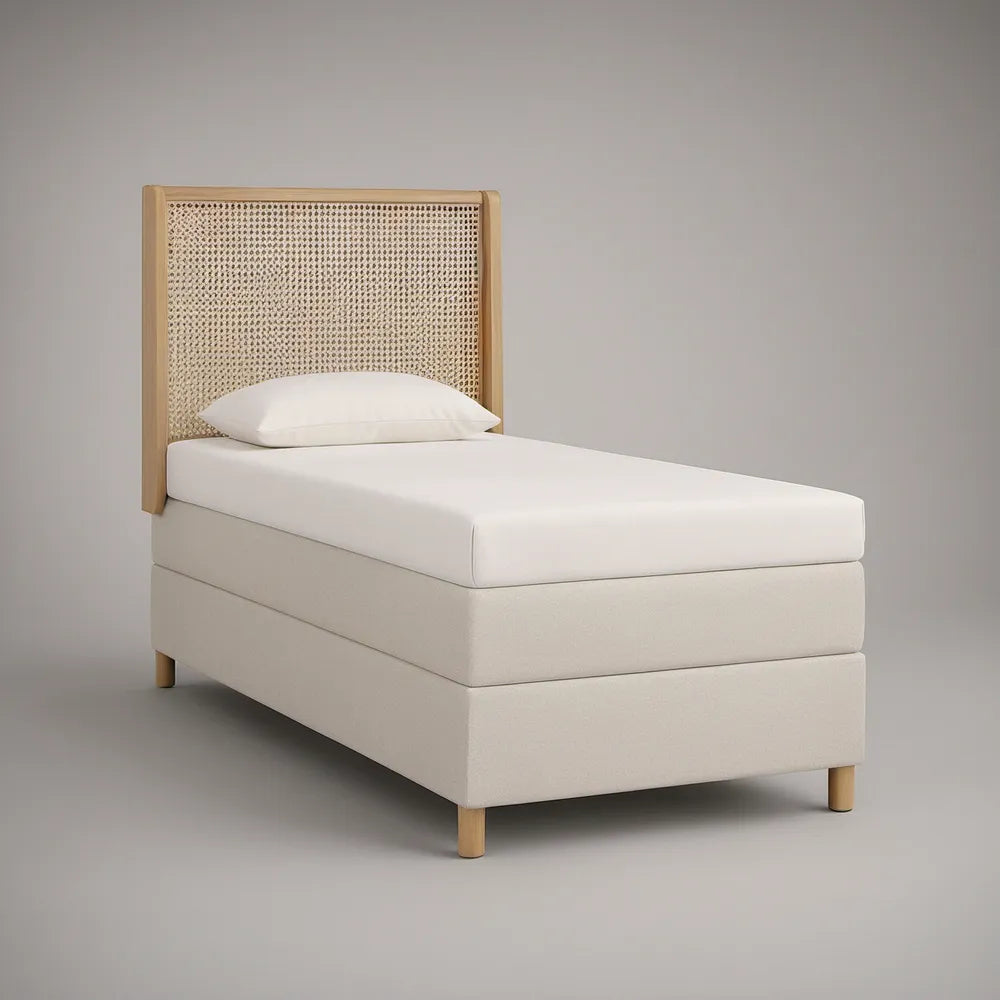Twin Upholstered Platform Bed Frame, 42 x 79 x 47 in, Cream and Natural Wood with Woven Cane Headboard