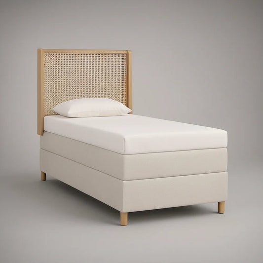 Twin Upholstered Platform Bed Frame, 42 x 79 x 47 in, Cream and Natural Wood with Woven Cane Headboard