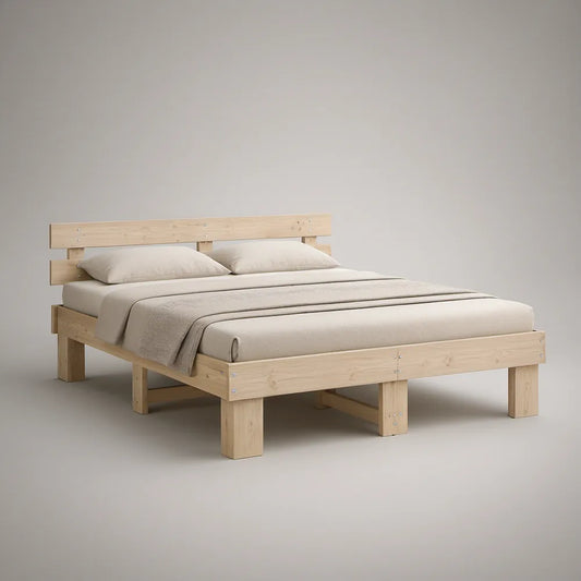 Natural Solid Pine Queen Platform Bed Frame with Headboard, 60 x 80 in