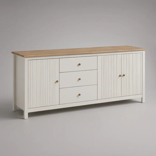White and Natural Sideboard with 3 Drawers, 2 Grooved Doors, 63 x 15.7 x 33.5 in