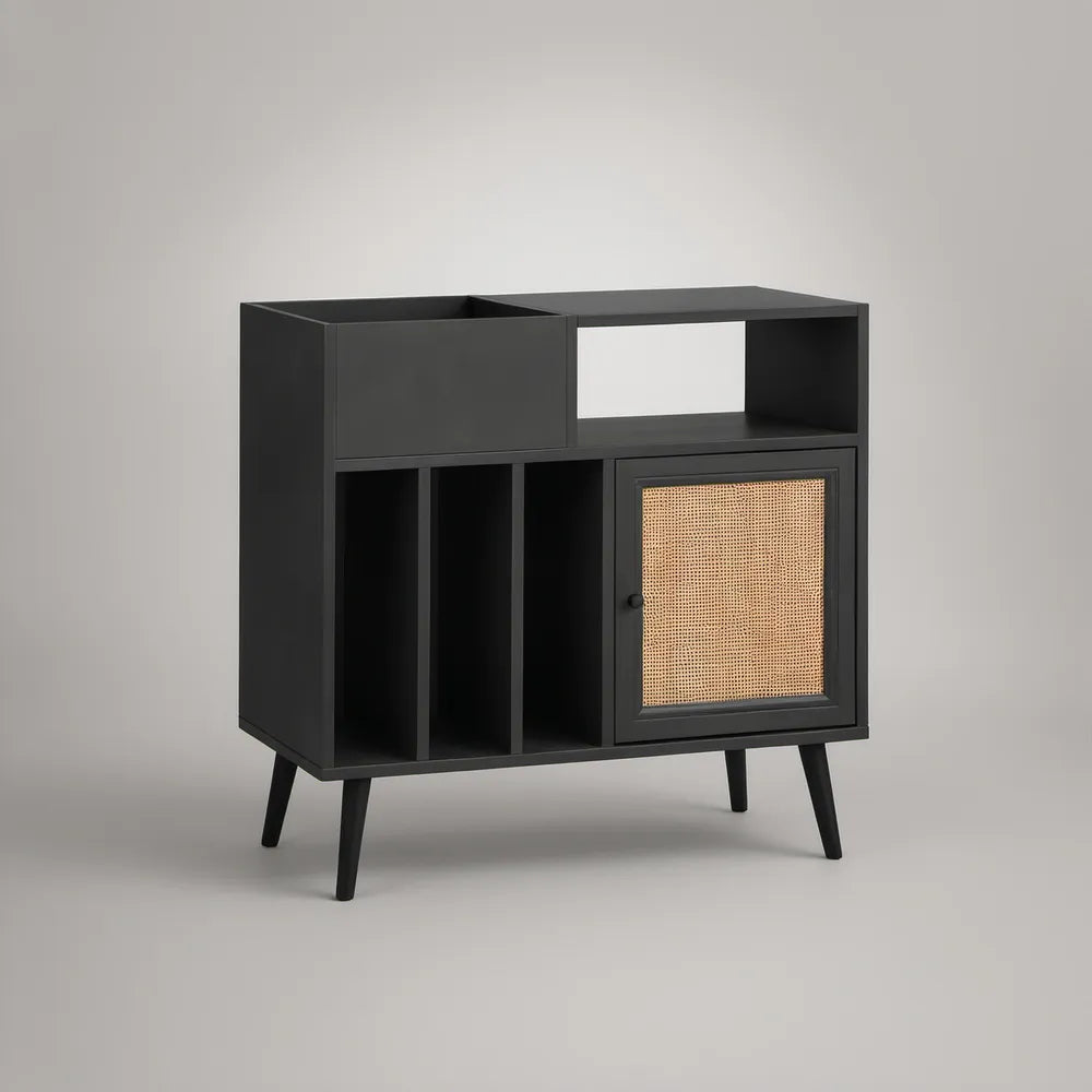 Black and Natural Rattan Sideboard with Open Shelves, 31.5 x 15.7 x 39.4 in